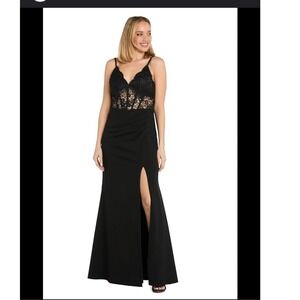 Nightway Black Lace Bodice Gown Slit Maxi Dress Evening Formal 18W long‎ formal